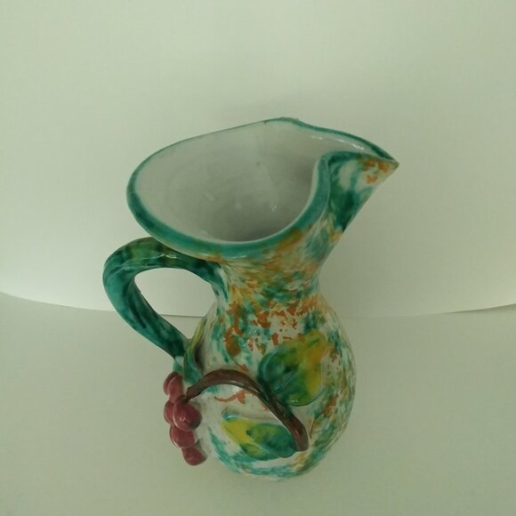 Vintage Italian Sponge Painted Pitcher / Vase 3D Grapes Motif Greens Yellows - Picture 4 of 12